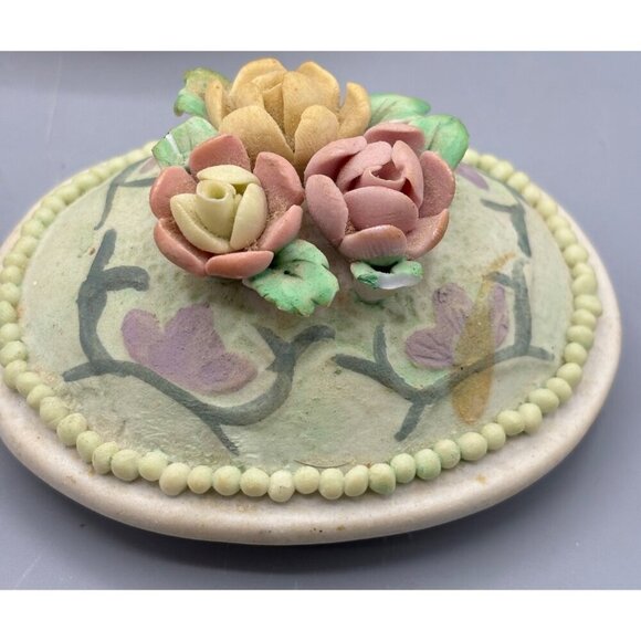 Vtg Floral Porcelain Trinket Box Rose Floral Lid‎ Stash Decorative Oval - Picture 5 of 6